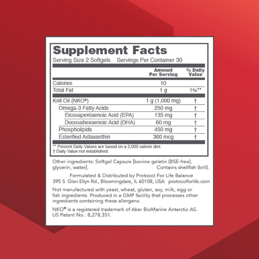 Protocol For Life Balance Extra Strength Krill Oil 1000mg supplement facts panel detailing EPA and DHA