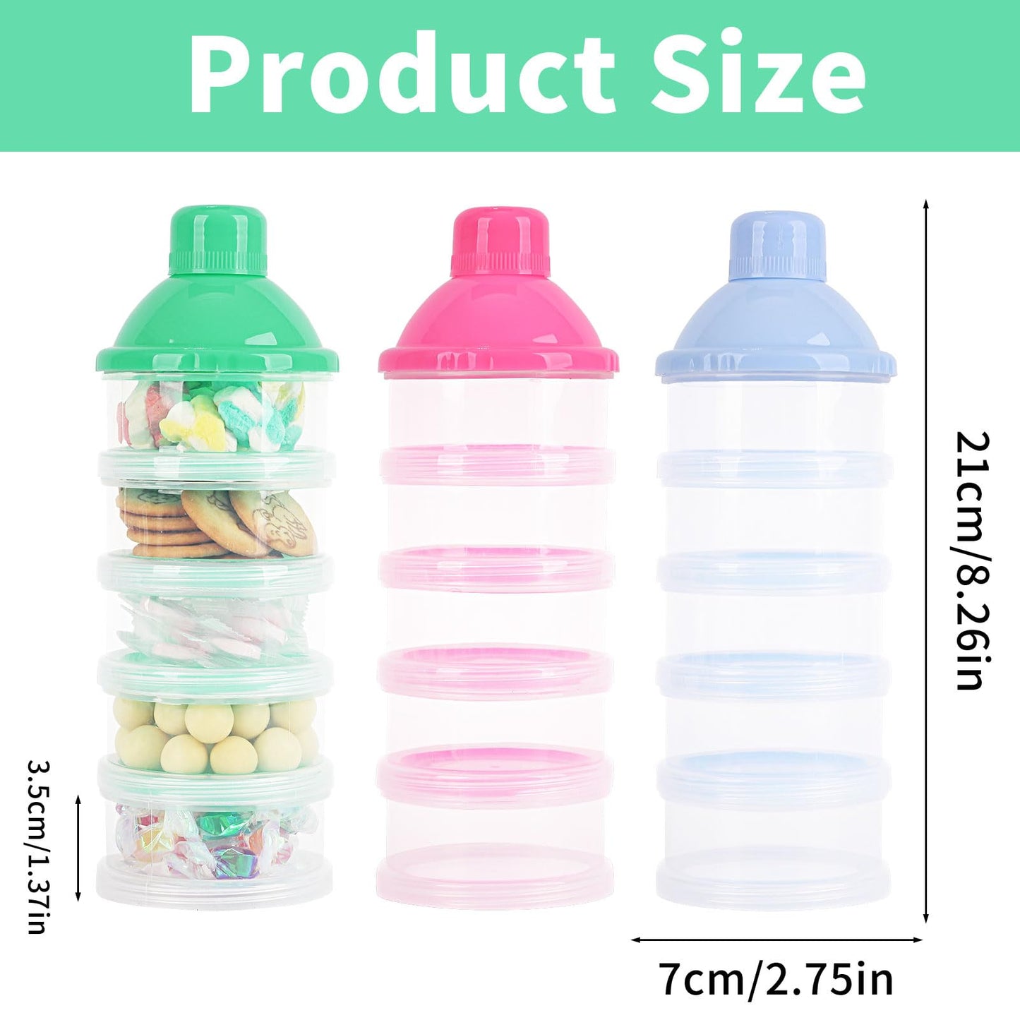 Manwetye portable formula storage container with individual layers disassembled to show modular travel snack box functionality.