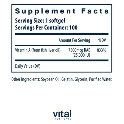 Vital Nutrients Vitamin A 100 softgels label details