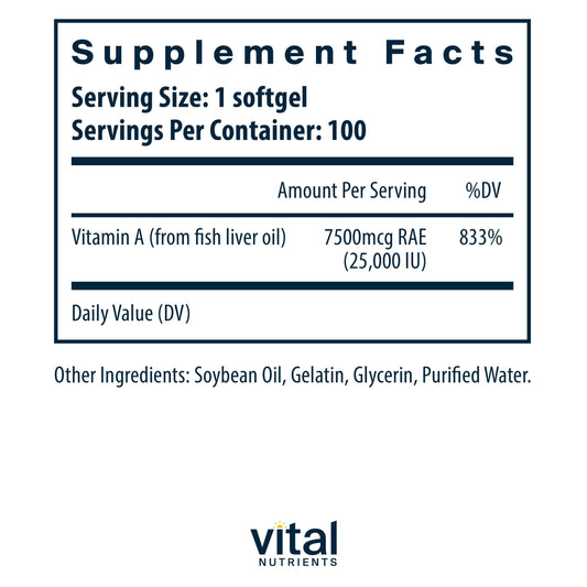 Vital Nutrients Vitamin A 100 softgels label details