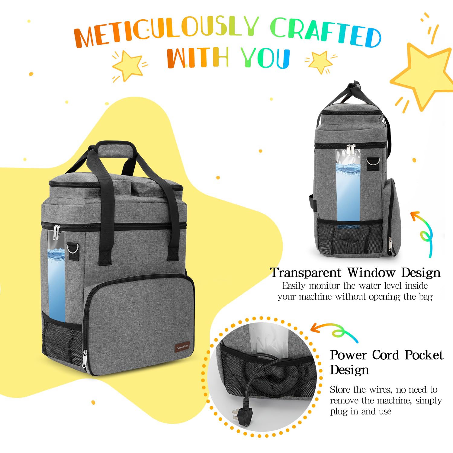 GarmentGlide baby formula mixer case front mesh pockets holding infant feeding bottles.