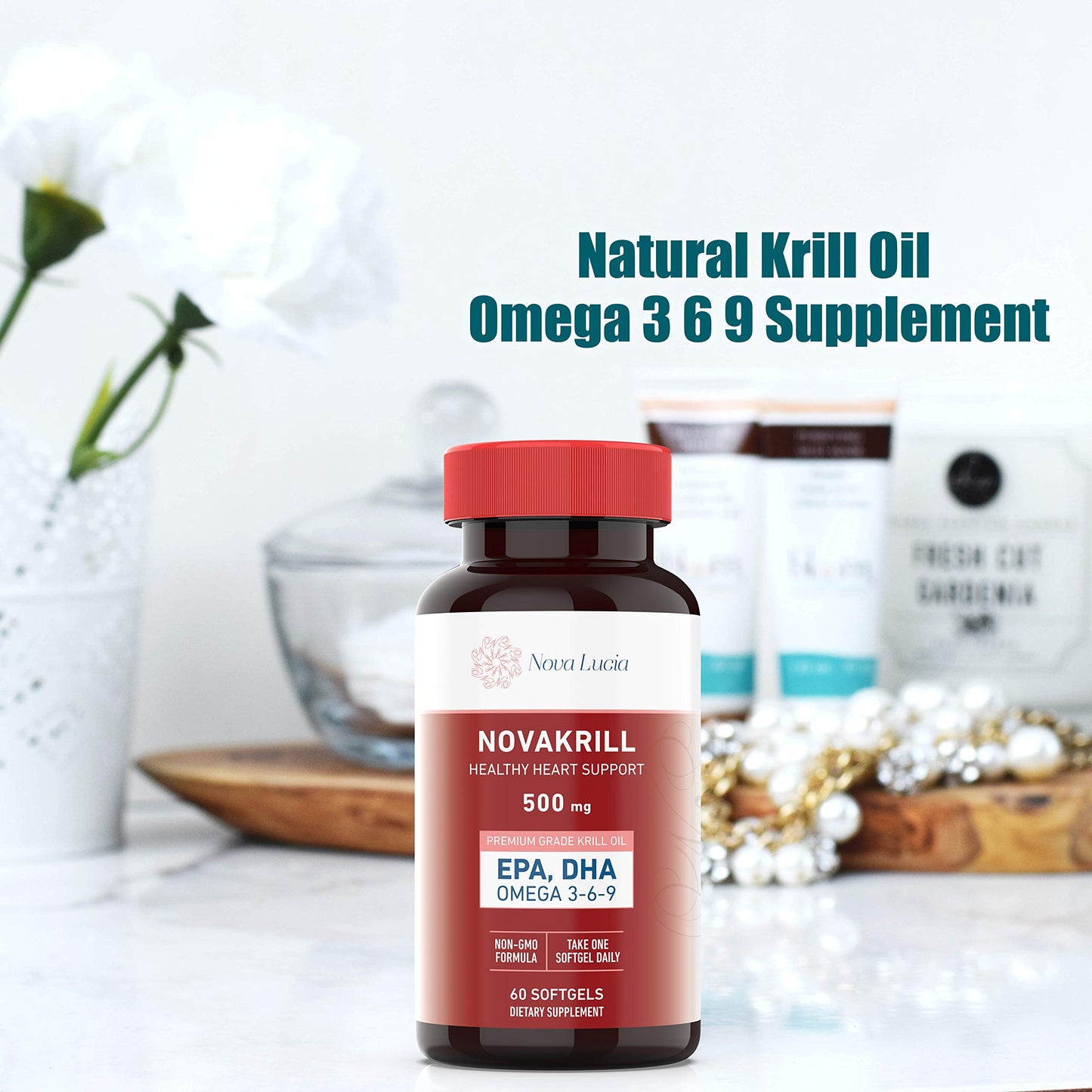 Close up view of the antioxidant rich red softgels for heart and joint health support