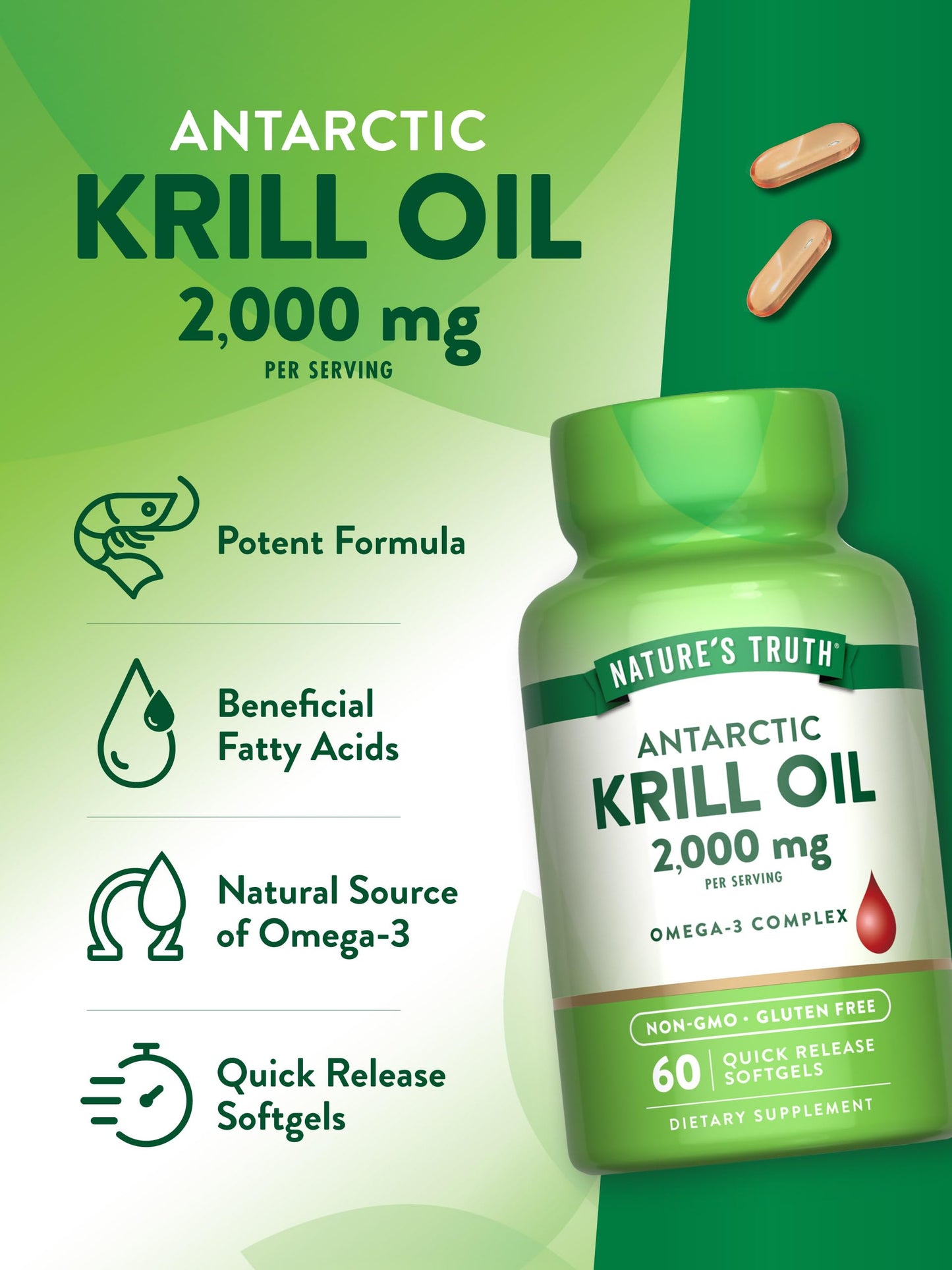 Imported Nature's Truth Antarctic Krill oil dietary supplement bottle side view