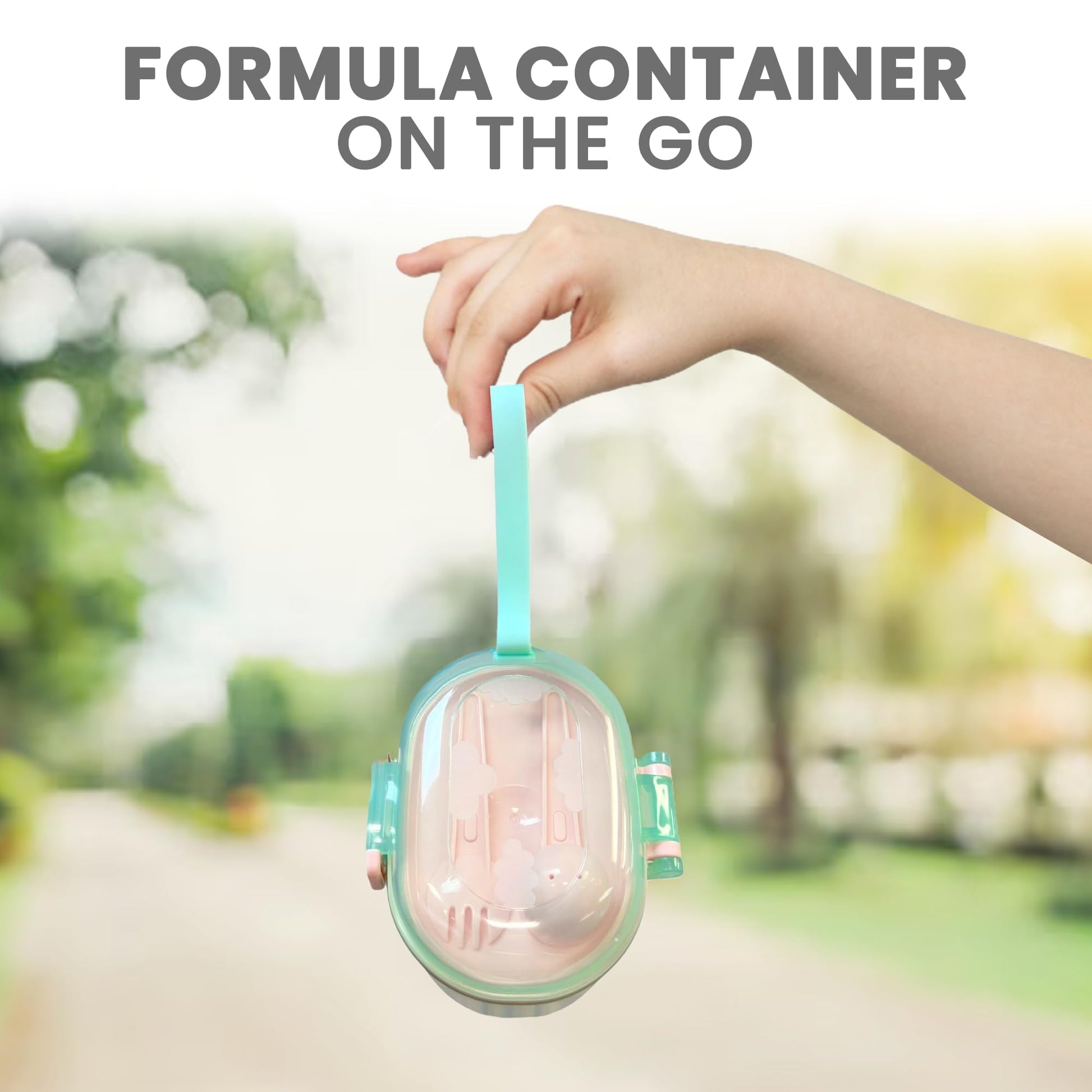 Airtight baby formula travel storage case showing leak resistant secure buckle lid.