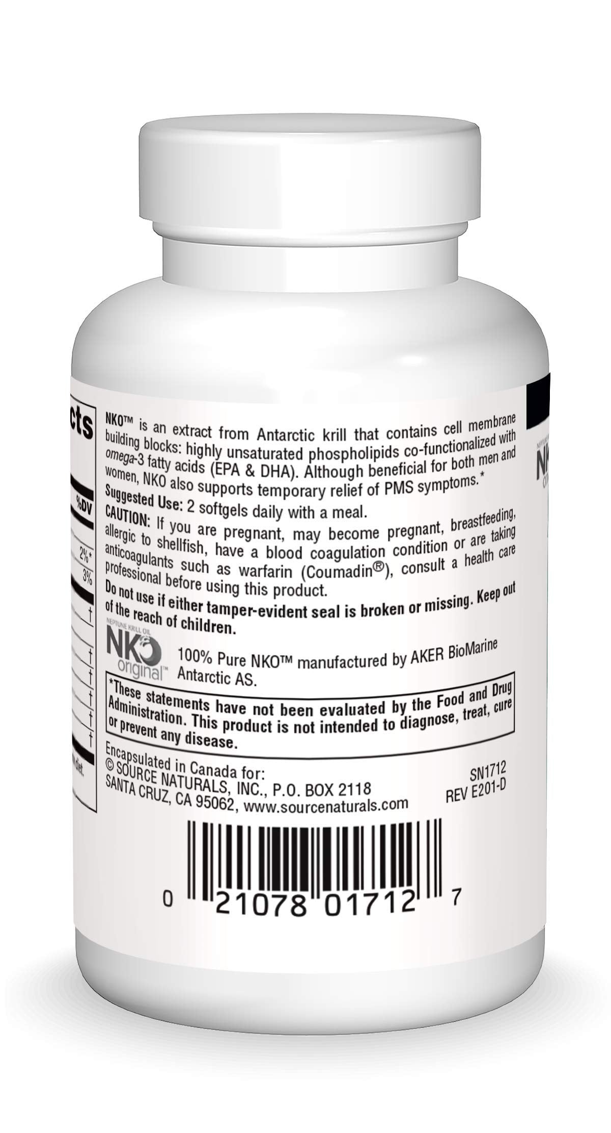 Source Naturals Antarctic krill oil dietary supplement label showing omega 3 and phospholipid facts