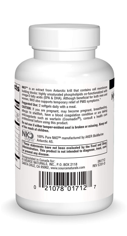 Source Naturals Antarctic krill oil dietary supplement label showing omega 3 and phospholipid facts