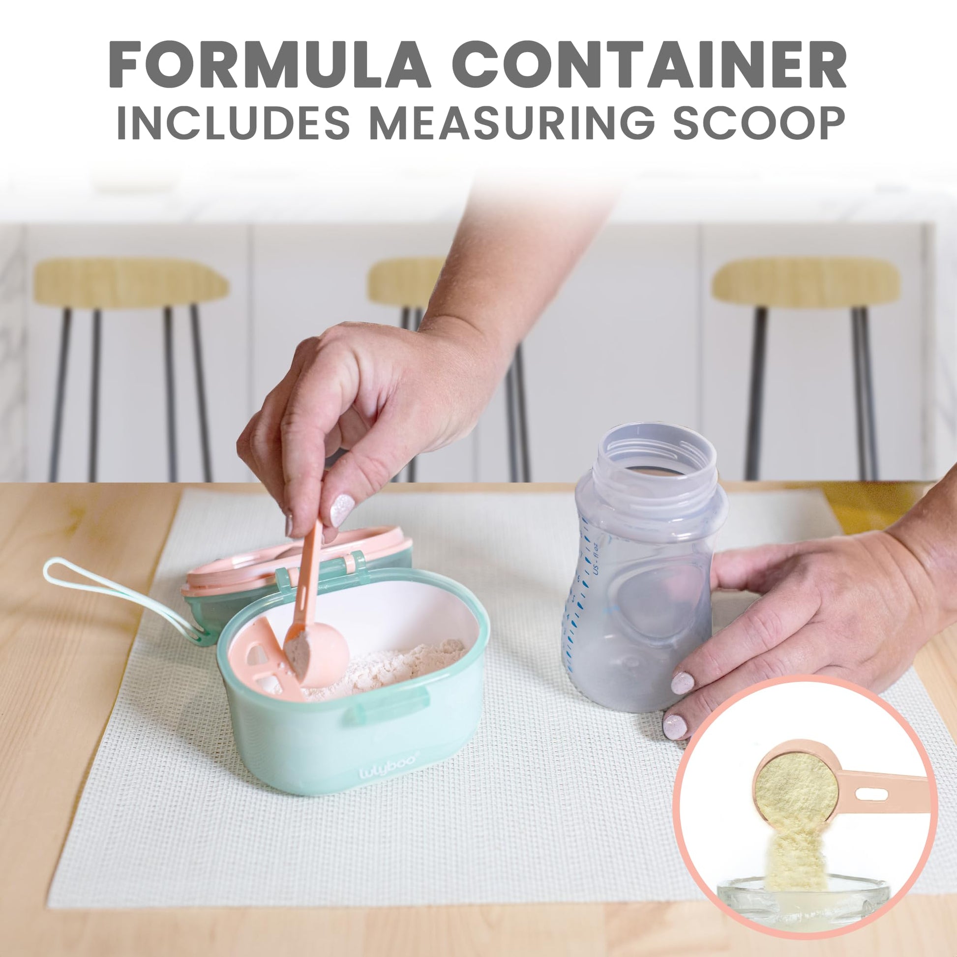 Lulyboo snack and formula milk powder holder highlighting the built in separator.