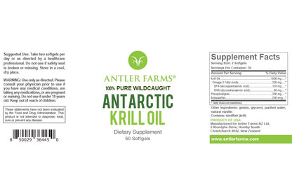 Antler Farms wild caught krill oil supplement bottle angled view highlighting rapid absorption formula