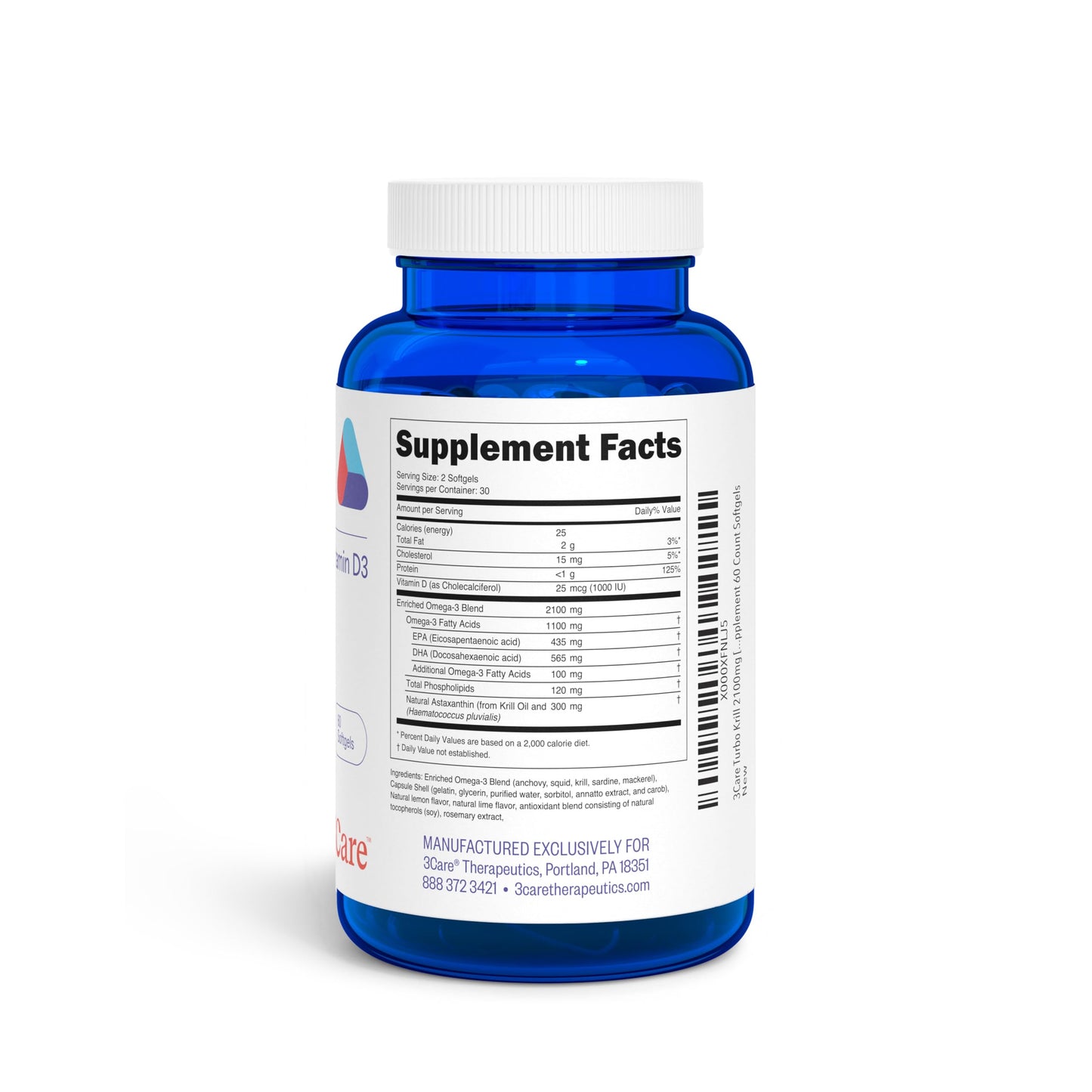 3Care Turbo Krill oil supplement label details highlighting EPA DHA and Vitamin D3 content.