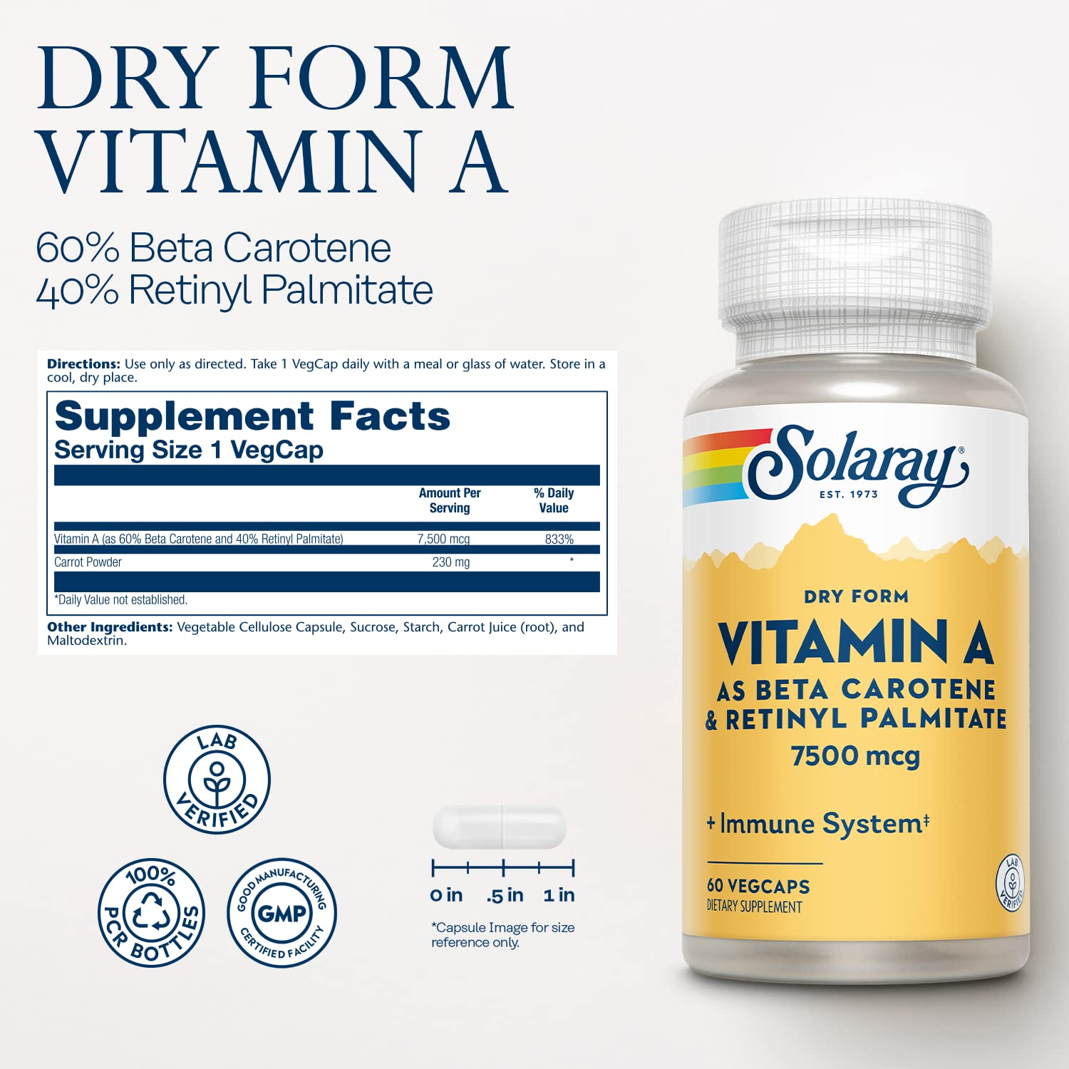 Solaray Dry Form Vitamin A supplement bottle nutritional label details