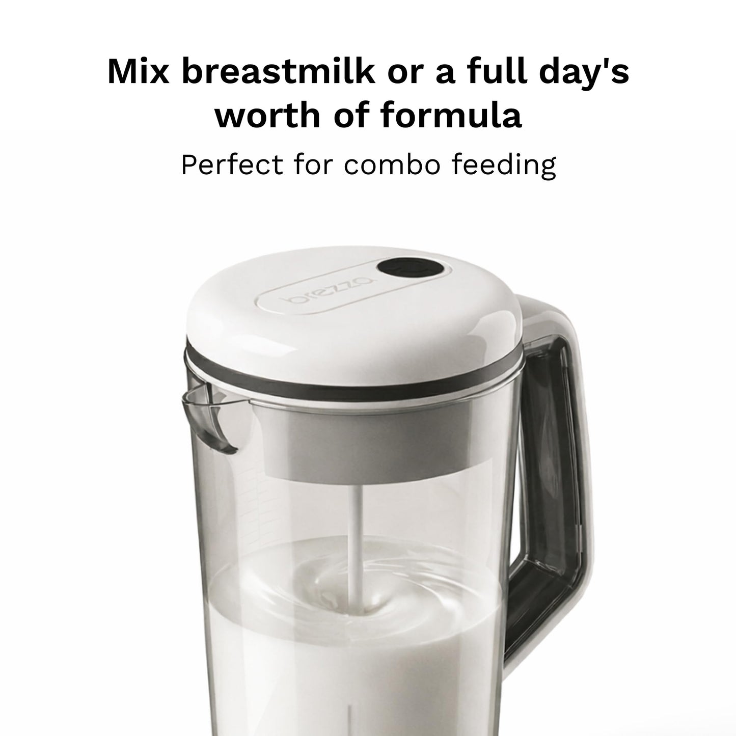 Baby Brezza automatic infant bottle mixing system with formula powder being smoothly blended by the motorized wand without air bubbles.