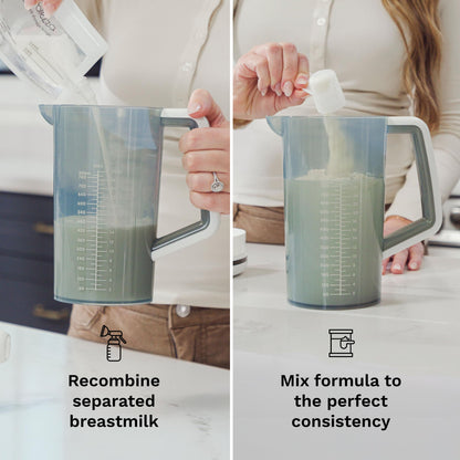 Side profile of the portable Baby Brezza formula pitcher highlighting the no-drip pour spout and secure locking lid mechanism.