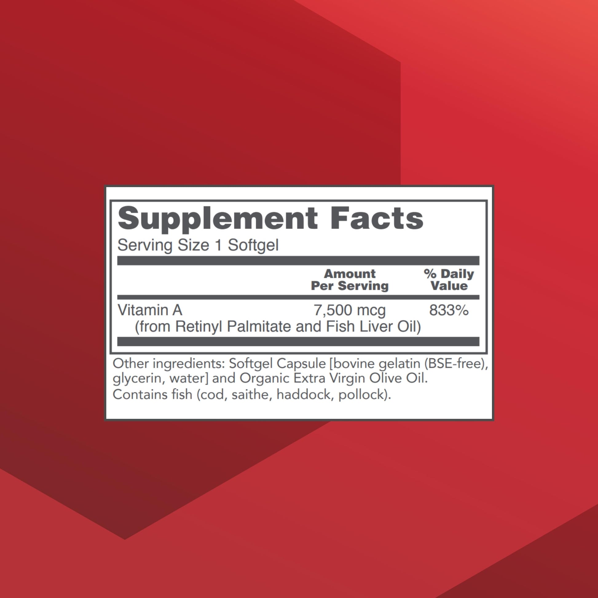Protocol For Life Balance Vitamin A 100 softgels supplement facts label