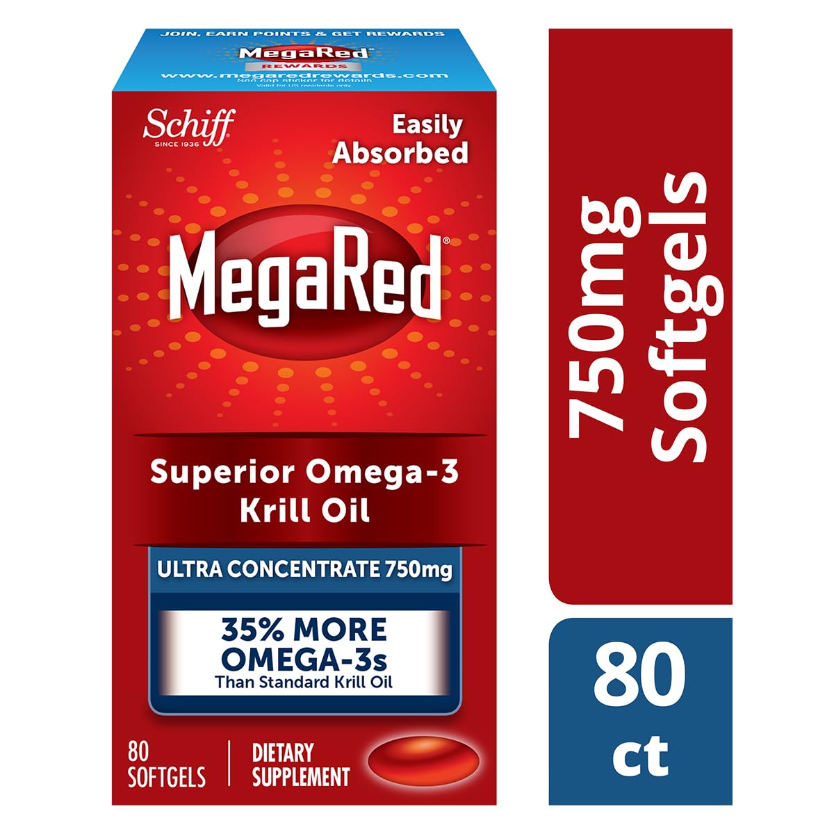 MegaRed krill oil softgels supplement facts and nutrition label