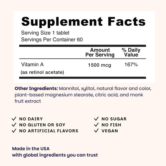EZ Melts Vitamin A bottle showing 60 count and strawberry flavor