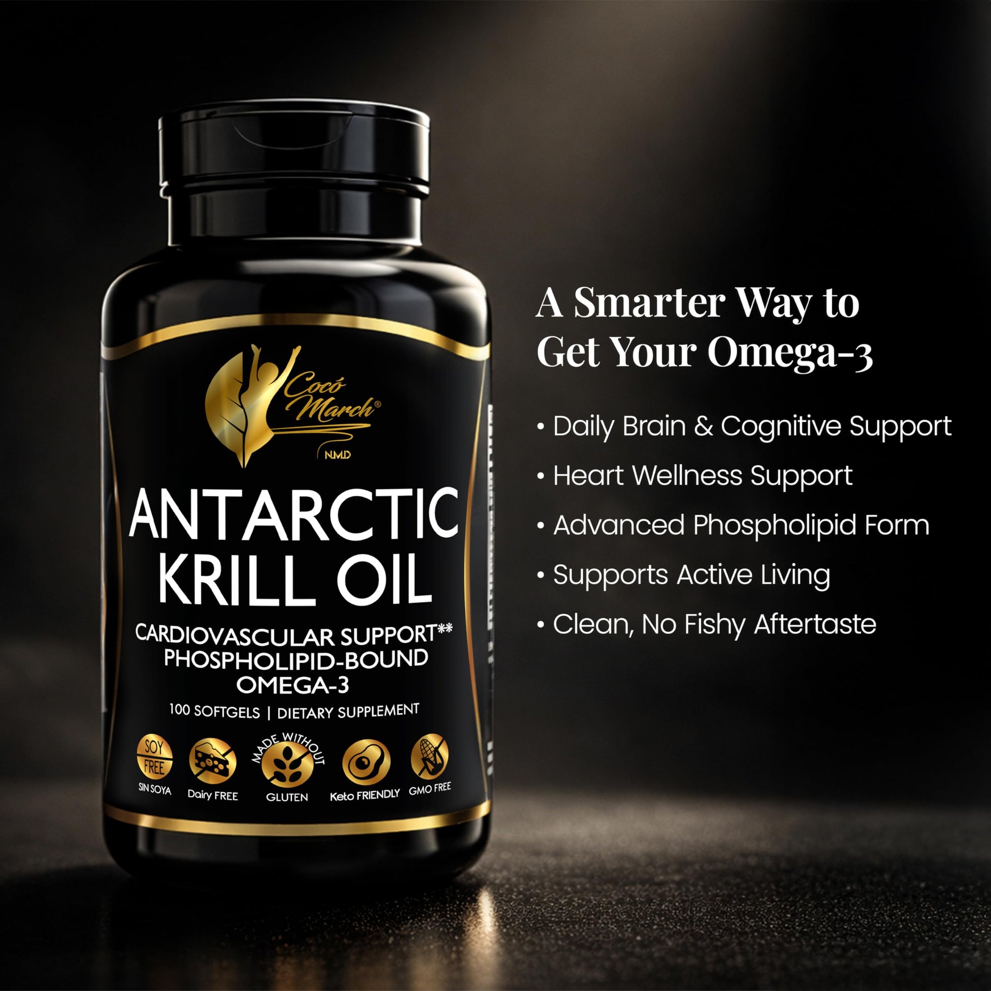 Side view of Cocó March NMD Krill Oil 1000 Milligrams highlighting its fast absorption phospholipid formula.