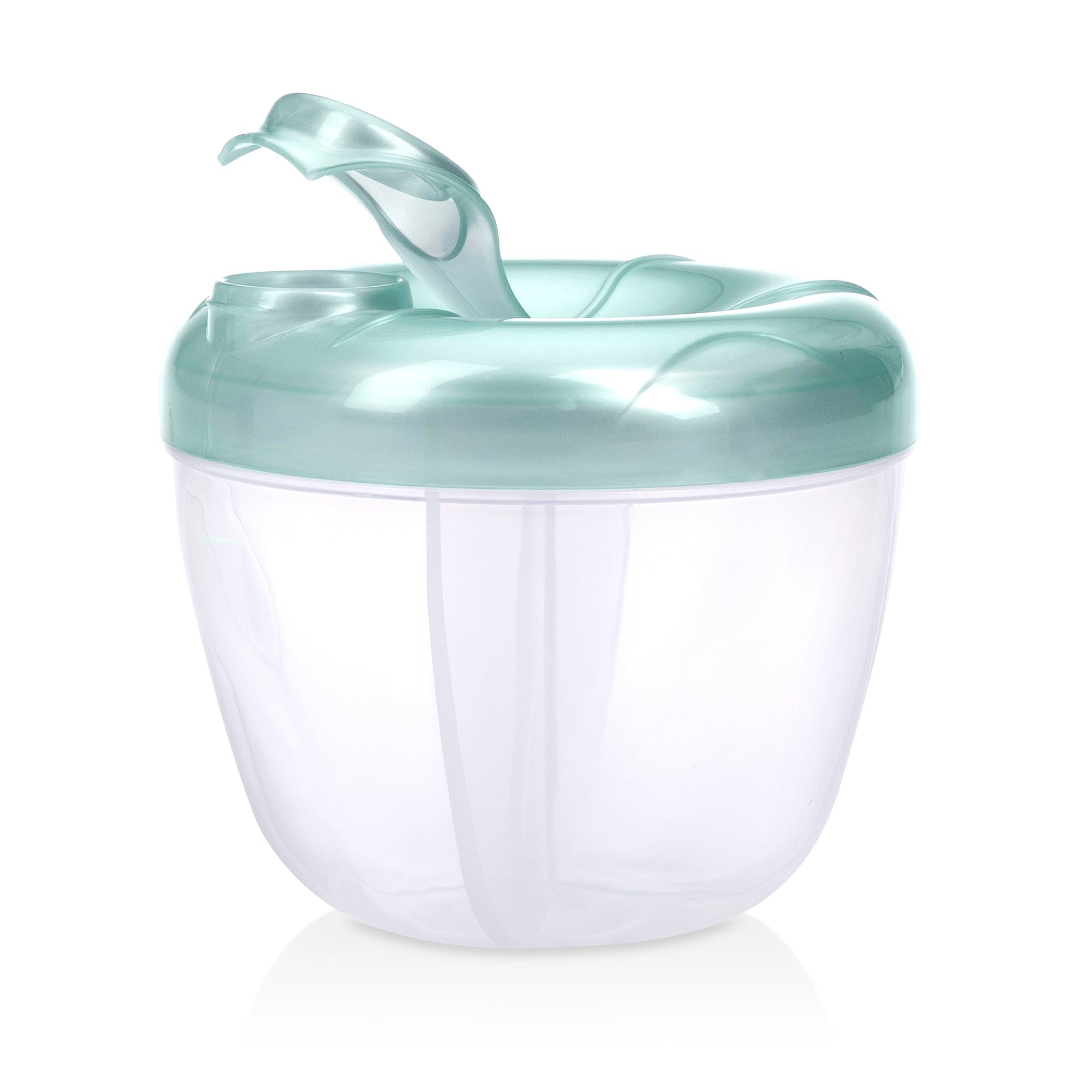 Nuby milk powder travel container with attached snap cap and rotating lid close up.