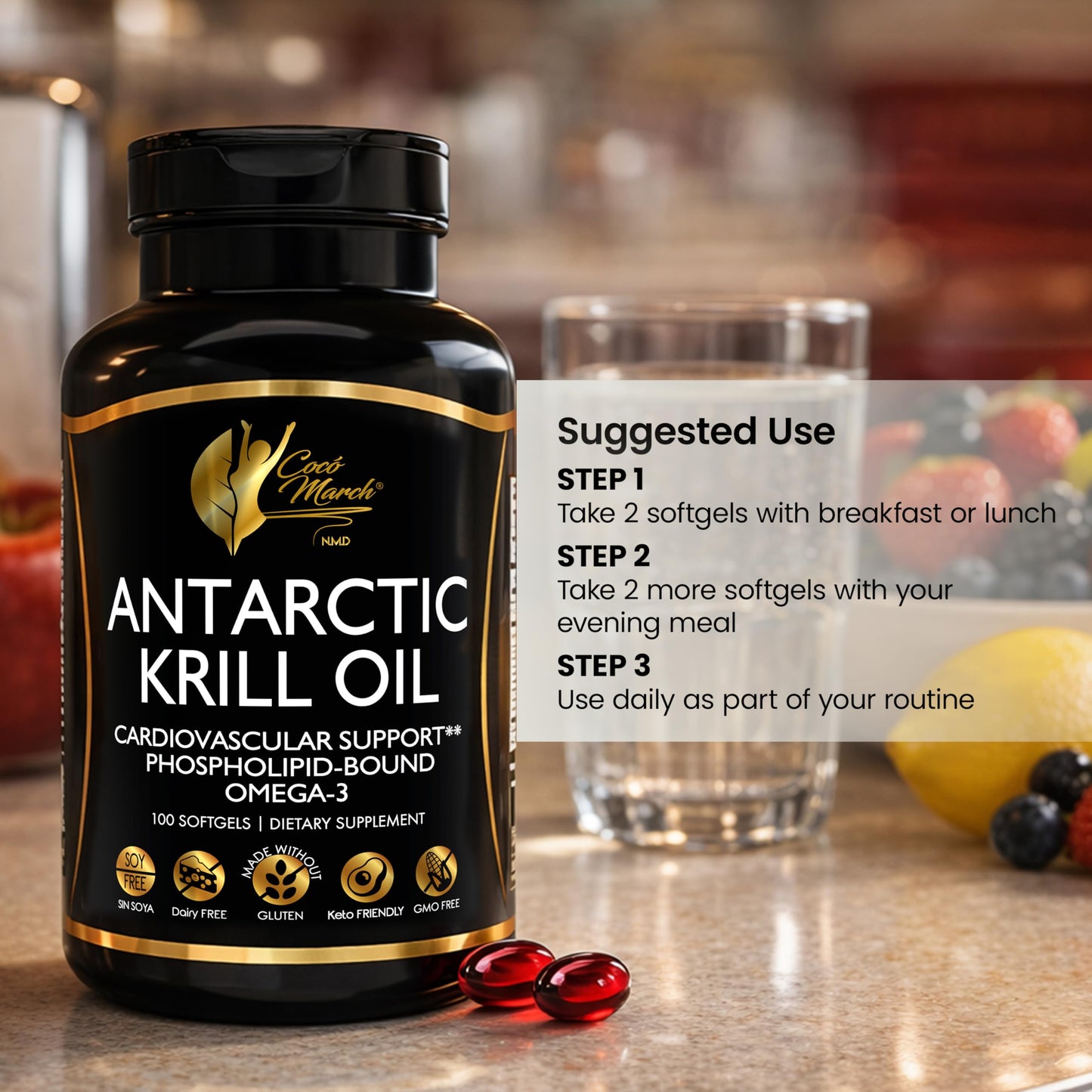 Premium Antarctic Krill Oil by Cocó March showing the high potency antioxidant support with choline.