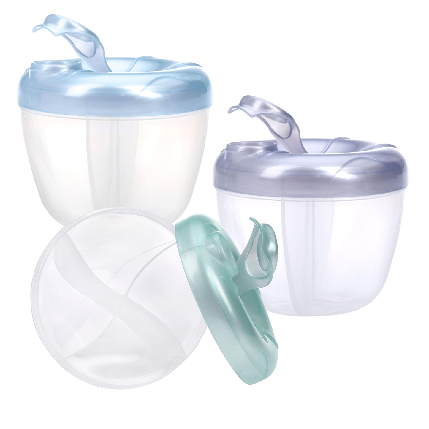 Top view of the Nuby formula container showing the pouring spout and rotating lid mechanism.