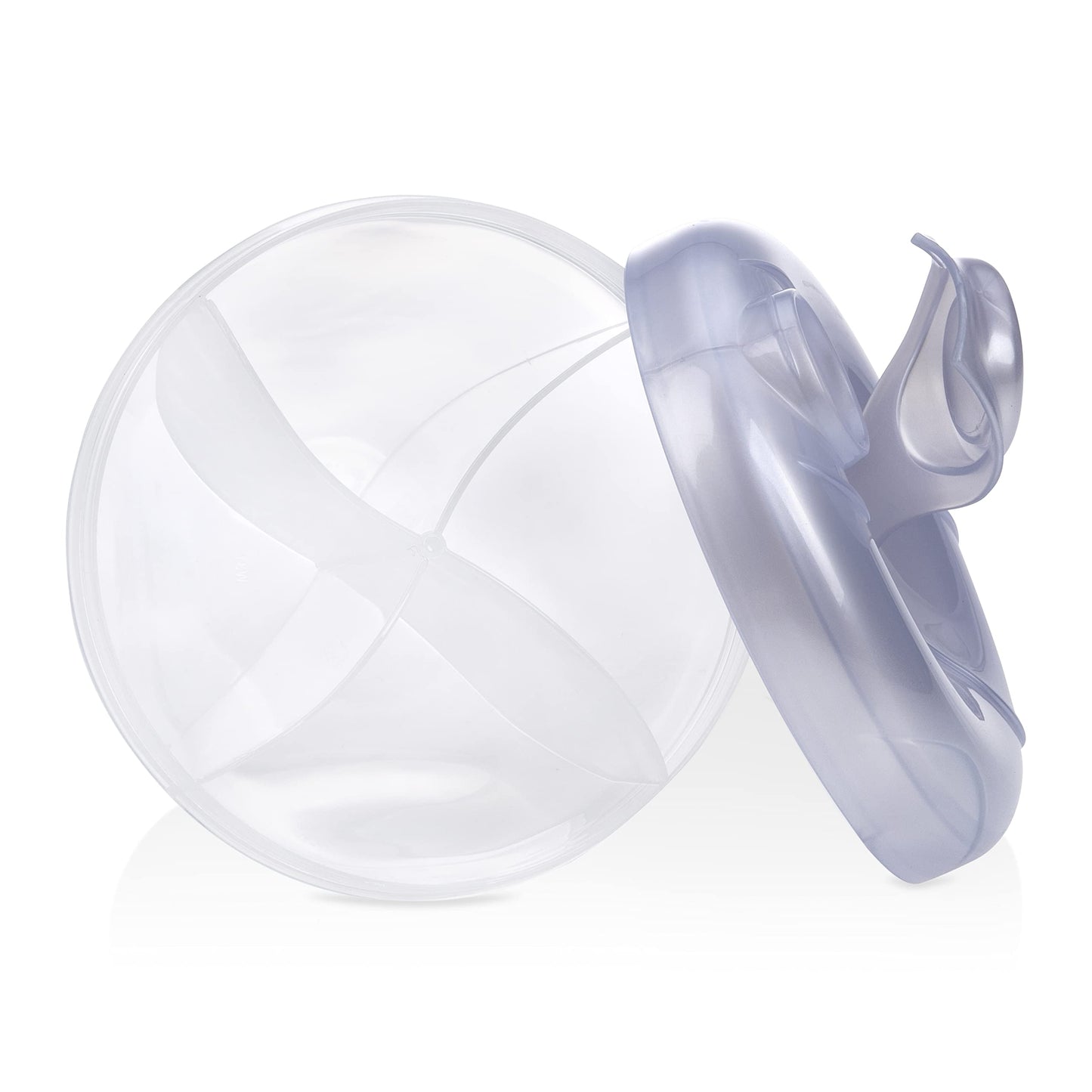 Compact four feeding baby milk powder dispenser ideal for travel and diaper bags.