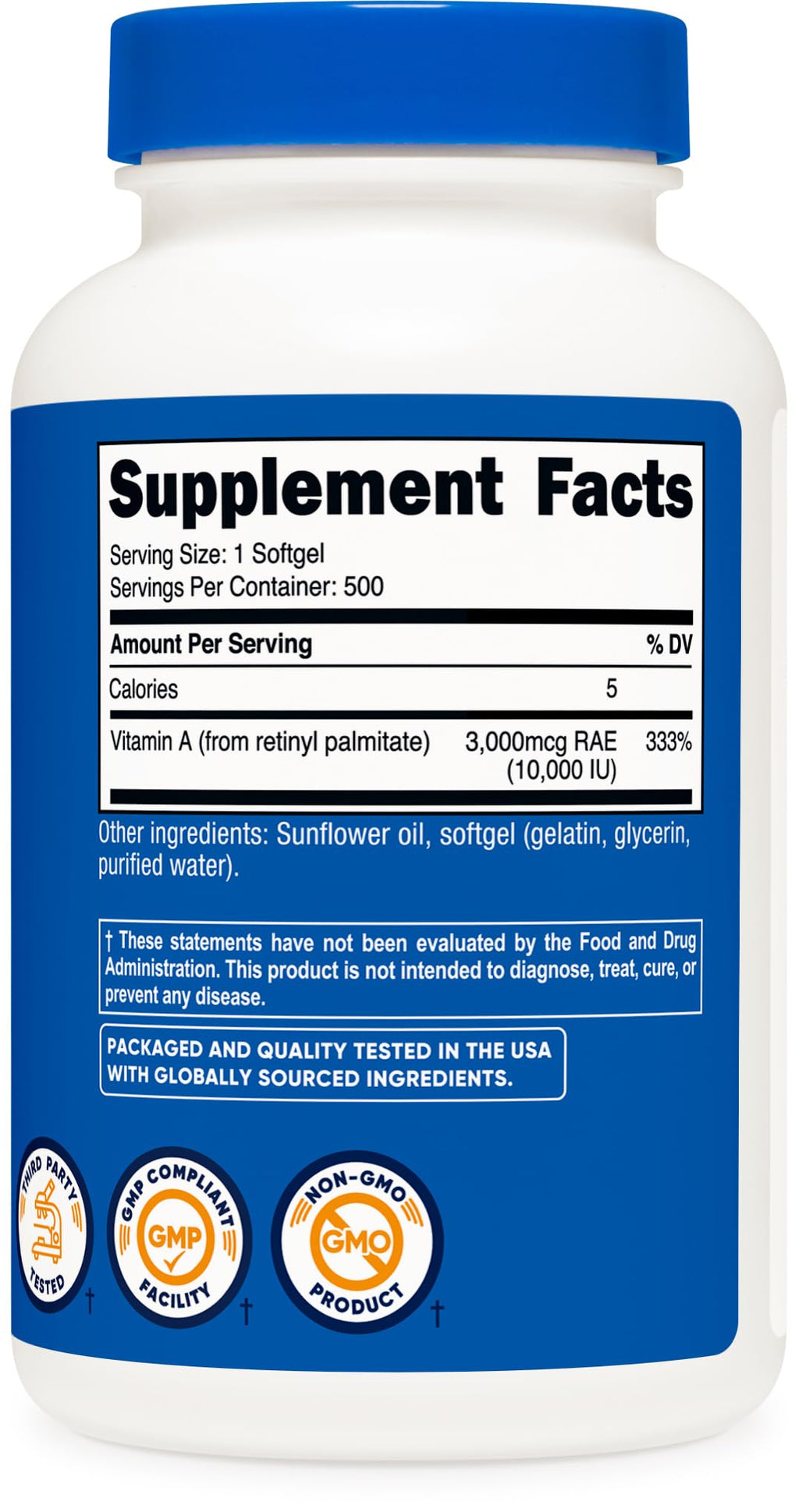 Nutricost Vitamin A 500 count capsules packaging details