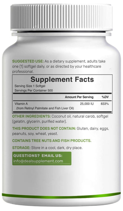 High potency Vitamin A softgels with coconut oil base.