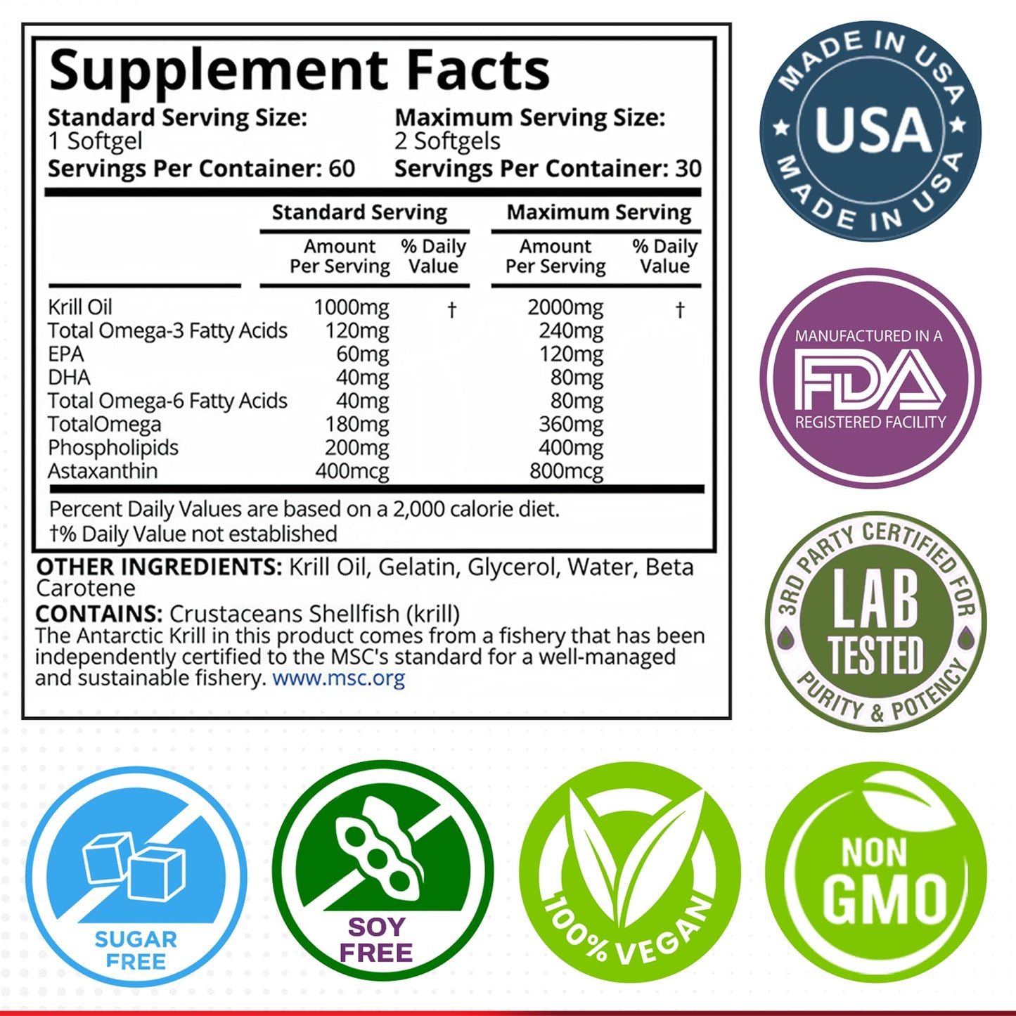 Authentic Purity Labs Antarctic Krill Oil with astaxanthin nutritional facts label.