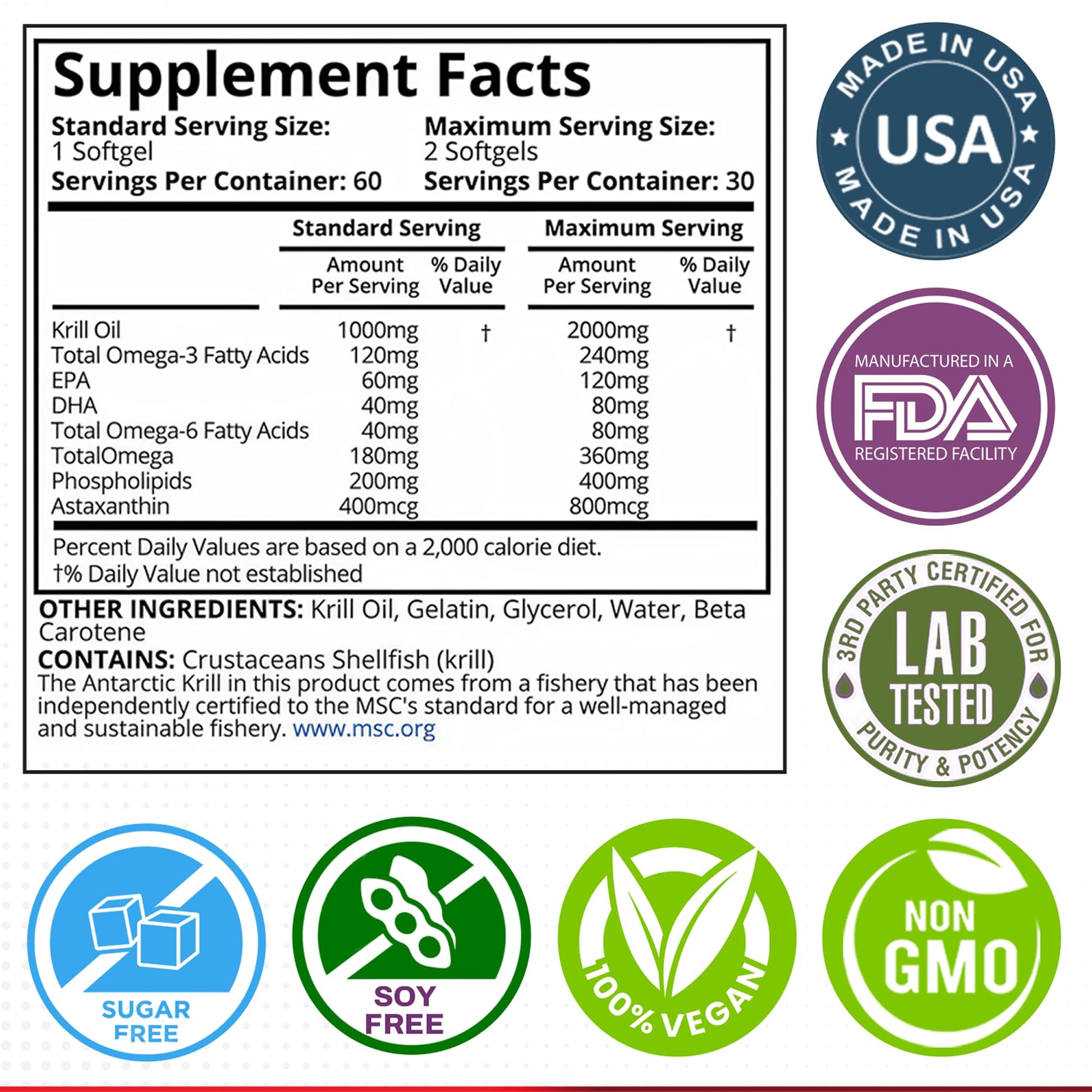Authentic Purity Labs Antarctic Krill Oil with astaxanthin nutritional facts label.