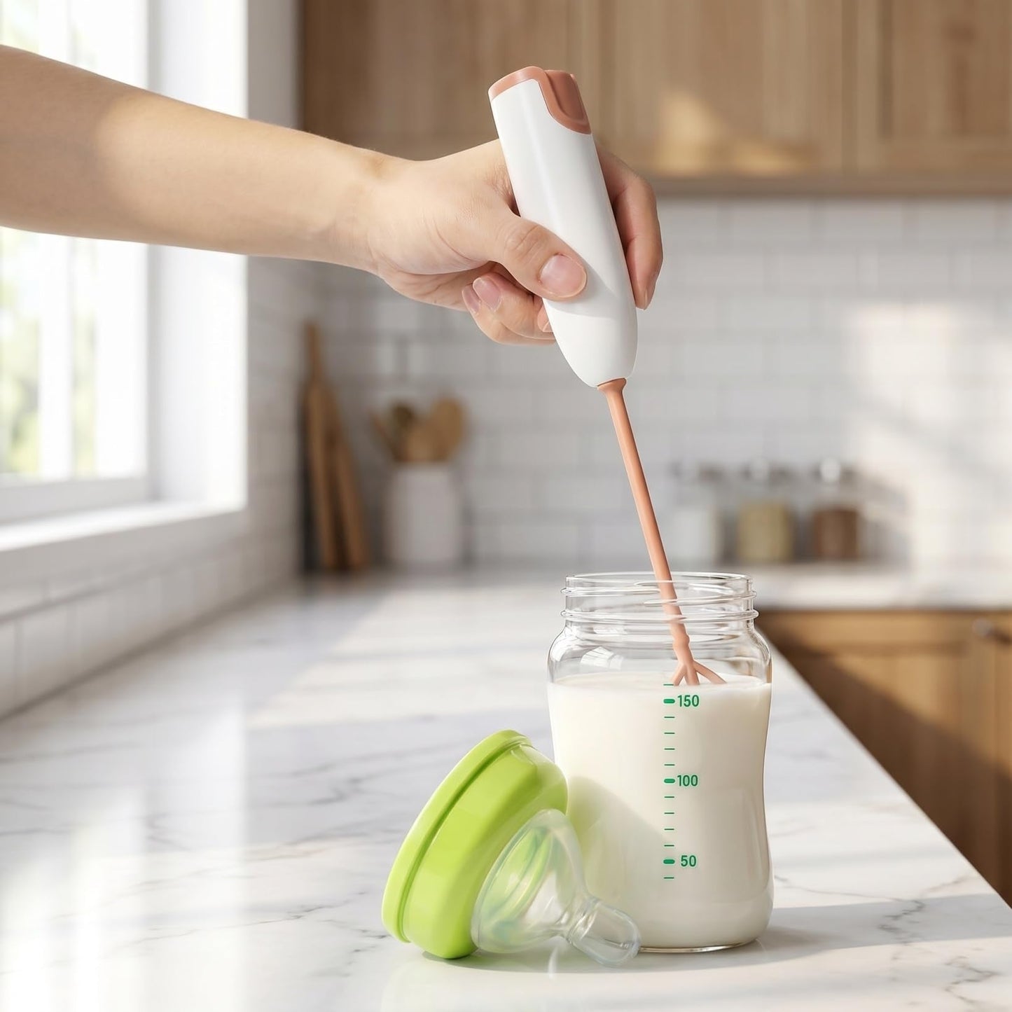 Wakauto white formula mixer showing extended handle for baby bottles.