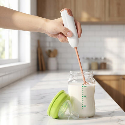 Wakauto white formula mixer showing extended handle for baby bottles.
