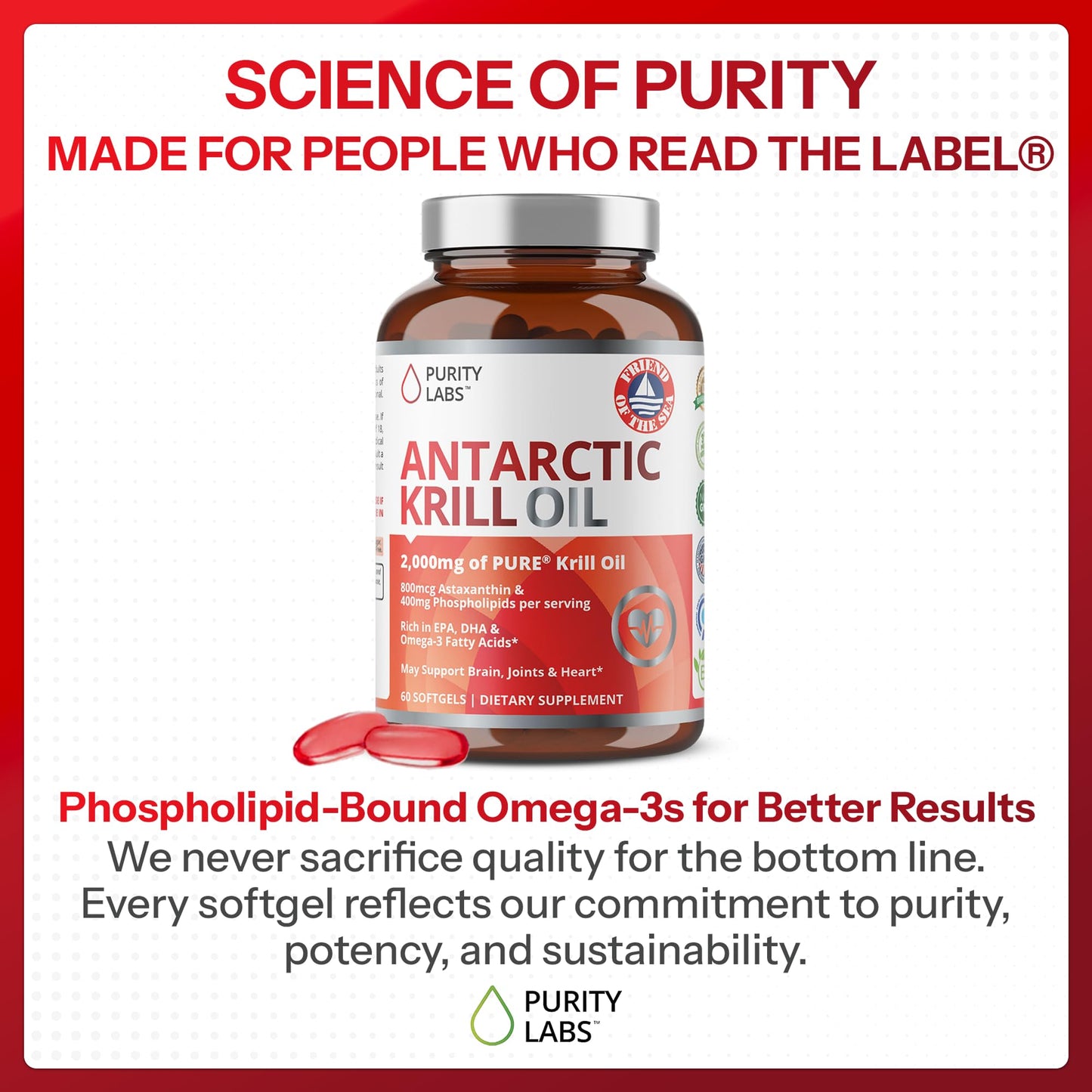Non GMO pure Antarctic krill oil 2000 mg bottle side angle view.