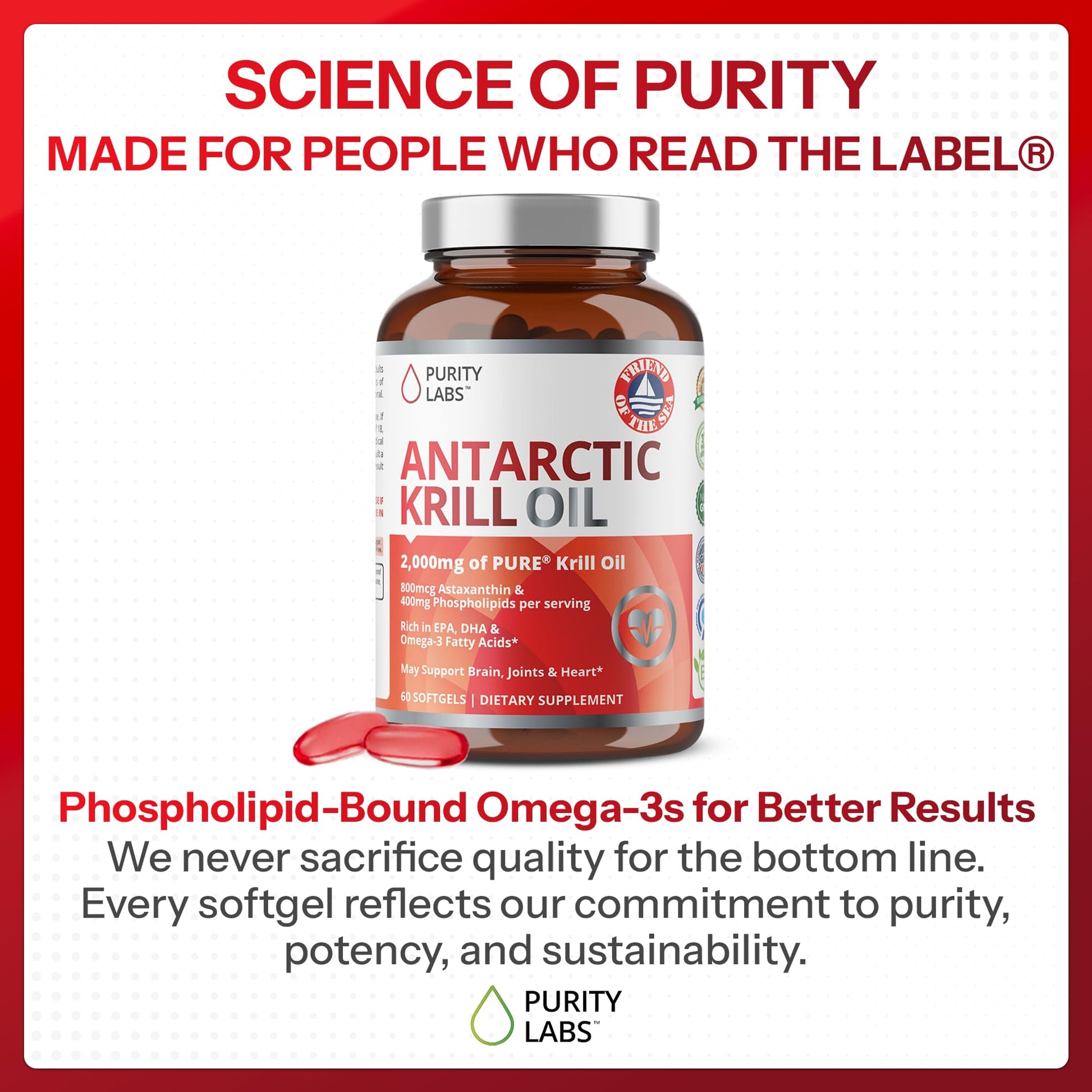 Non GMO pure Antarctic krill oil 2000 mg bottle side angle view.