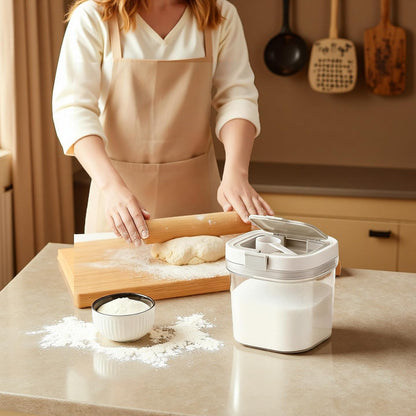 Airtight dry food storage jar with spoon showing the secure lid closure.
