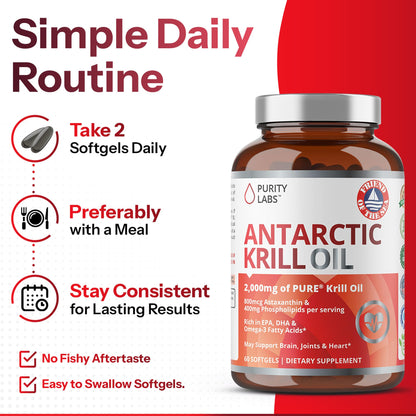 Purity Labs sustainable wild caught krill oil supplement for adult wellness.