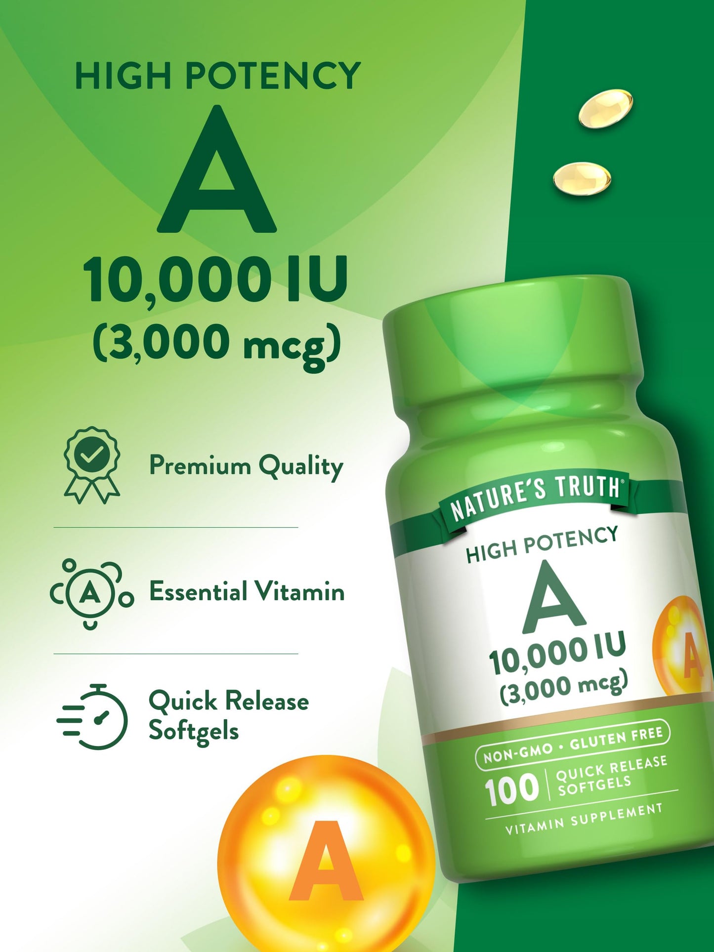 Nature's Truth Vitamin A non-GMO and gluten-free supplement seal