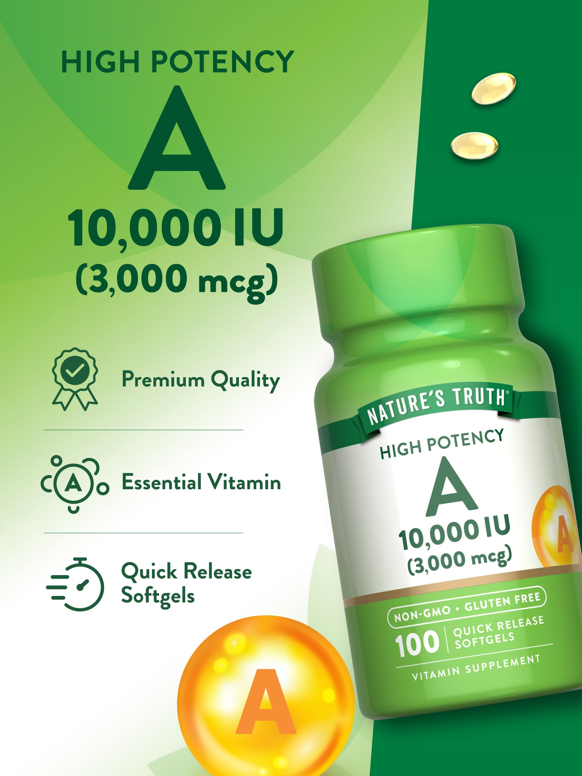 Nature's Truth Vitamin A non-GMO and gluten-free supplement seal