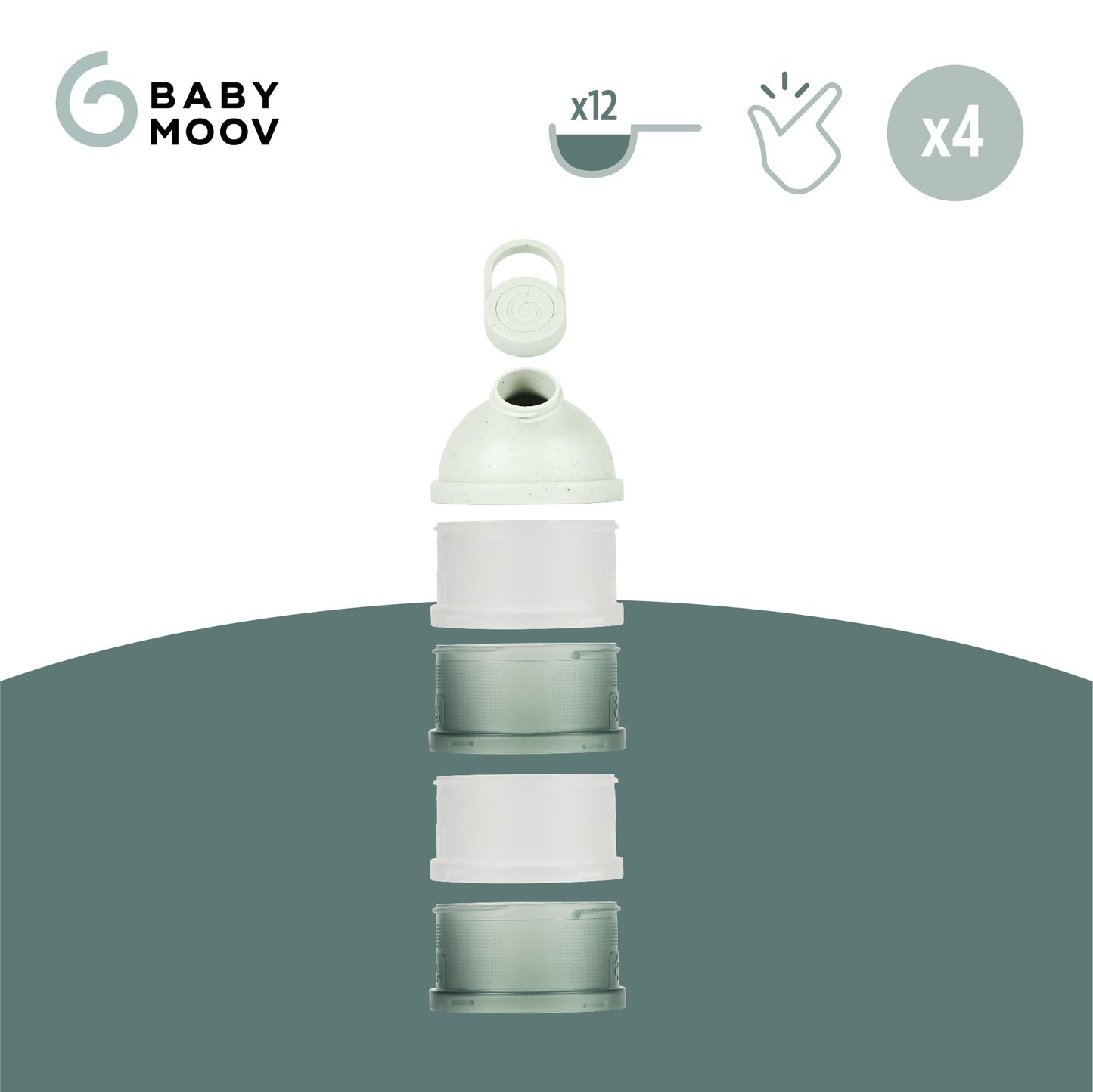 Ergonomic spout lid detail on the green formula storage box demonstrating easy pour function