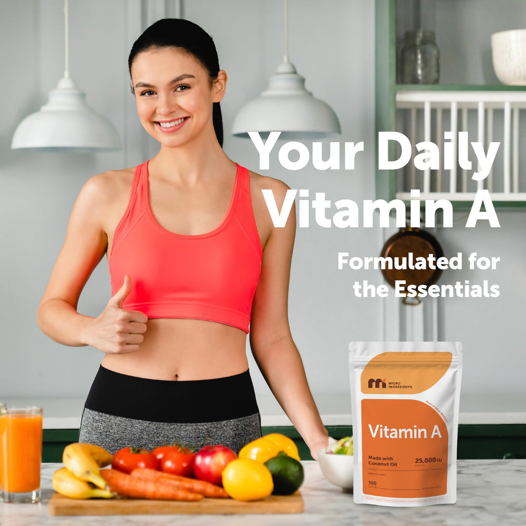 Micro Ingredients Vitamin A 25000 IU softgels non-GMO and allergen-free icons