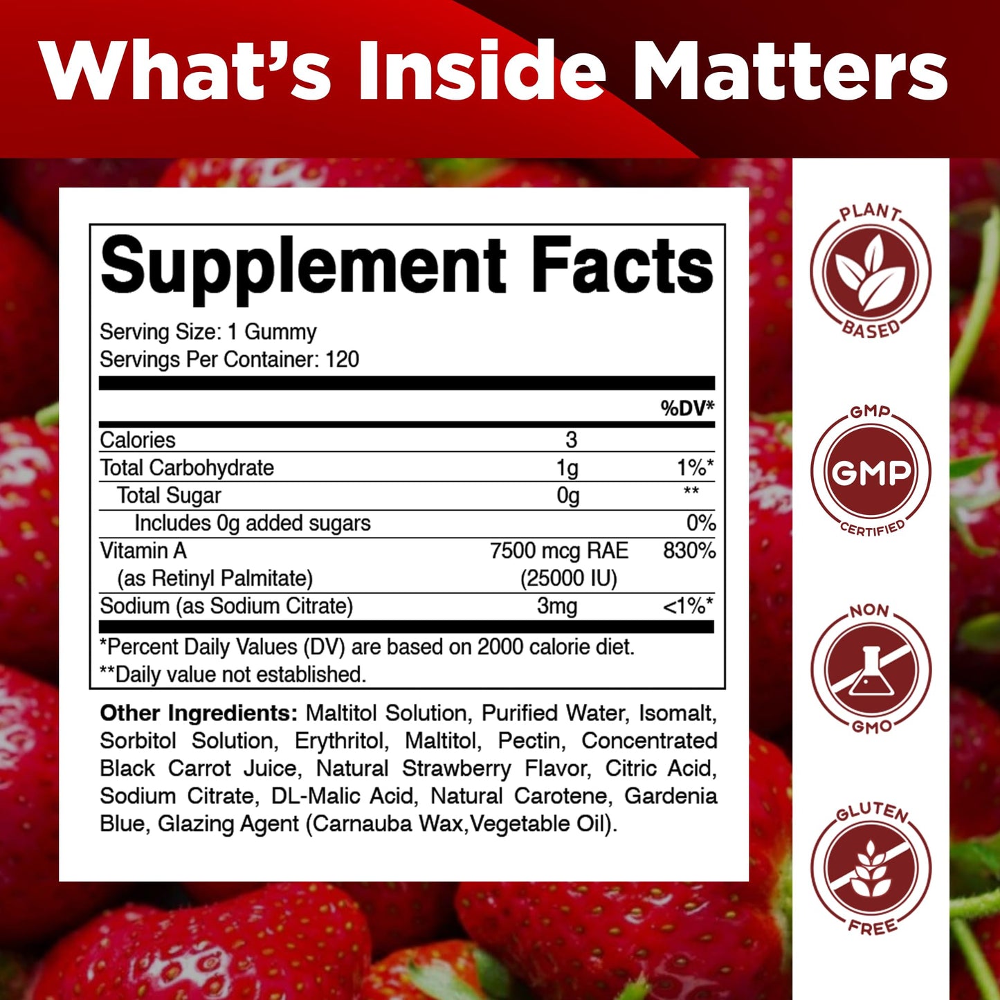 Vitamatic Vitamin A strawberry gummies supplement facts label
