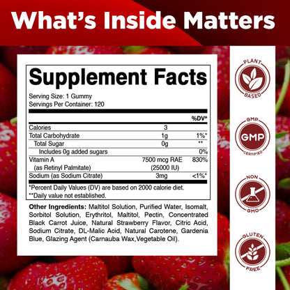 Vitamatic Vitamin A strawberry gummies supplement facts label