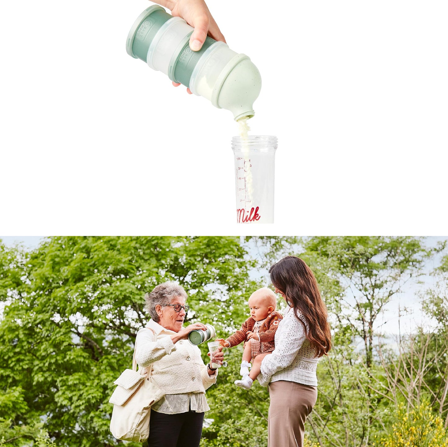 Babymoov baby feeding accessories showing integrated carrying handle on top lid