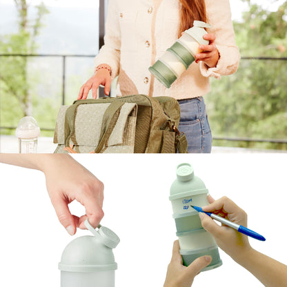 Mineral green snack and formula container packed securely inside a stylish diaper bag