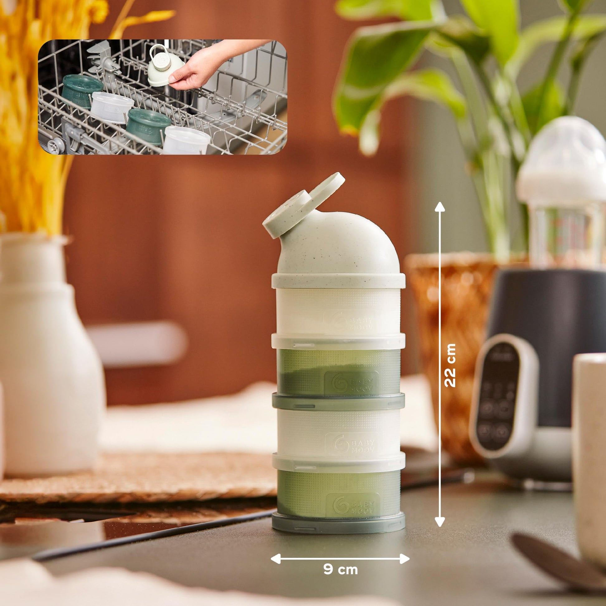 Babydose container holding infant formula powder and toddler snacks simultaneously