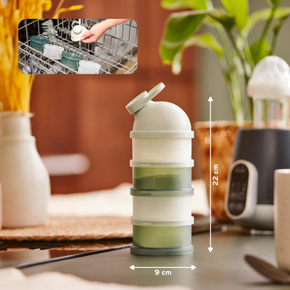 Babydose container holding infant formula powder and toddler snacks simultaneously