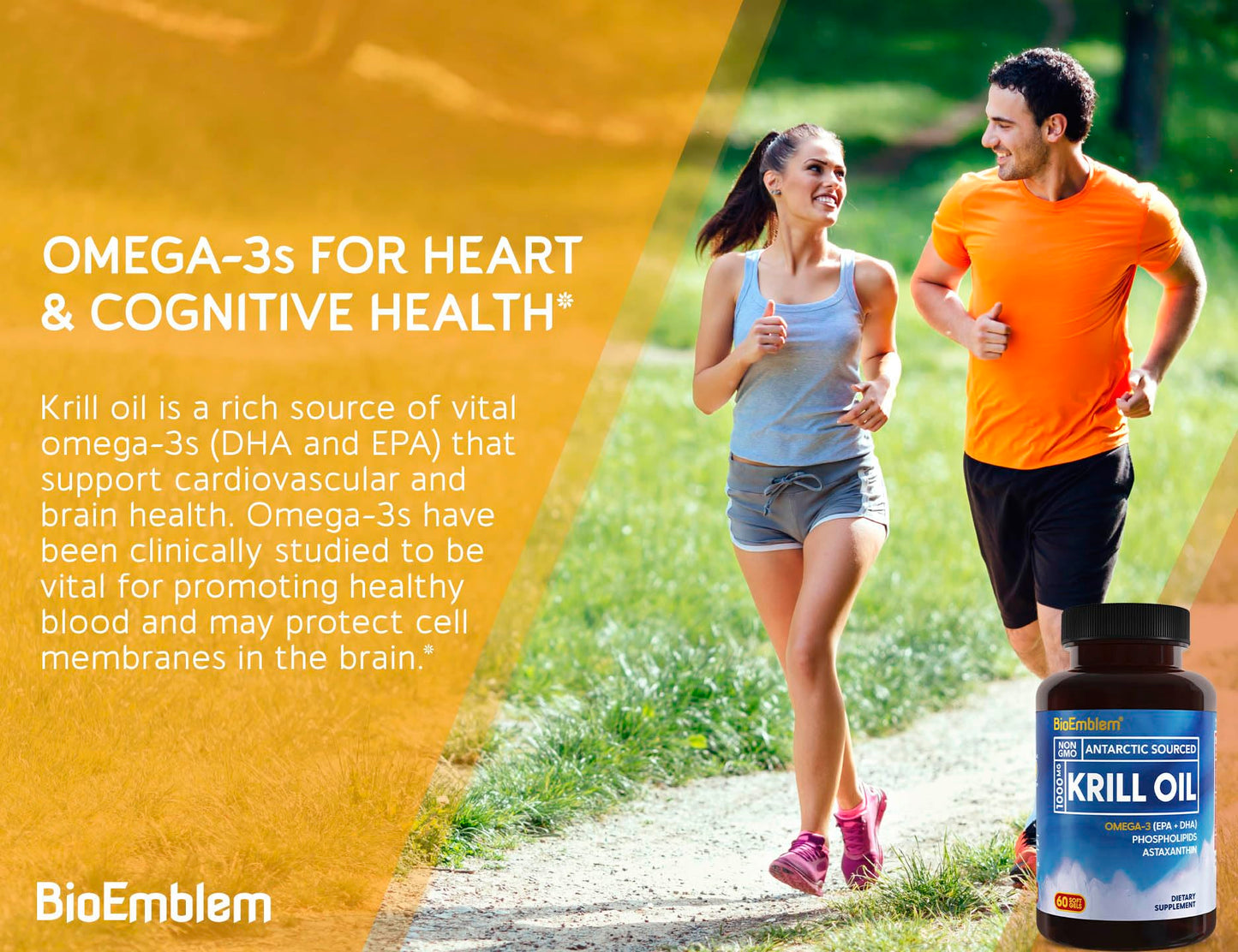 BioEmblem high absorption EPA DHA softgels certified non GMO label closeup