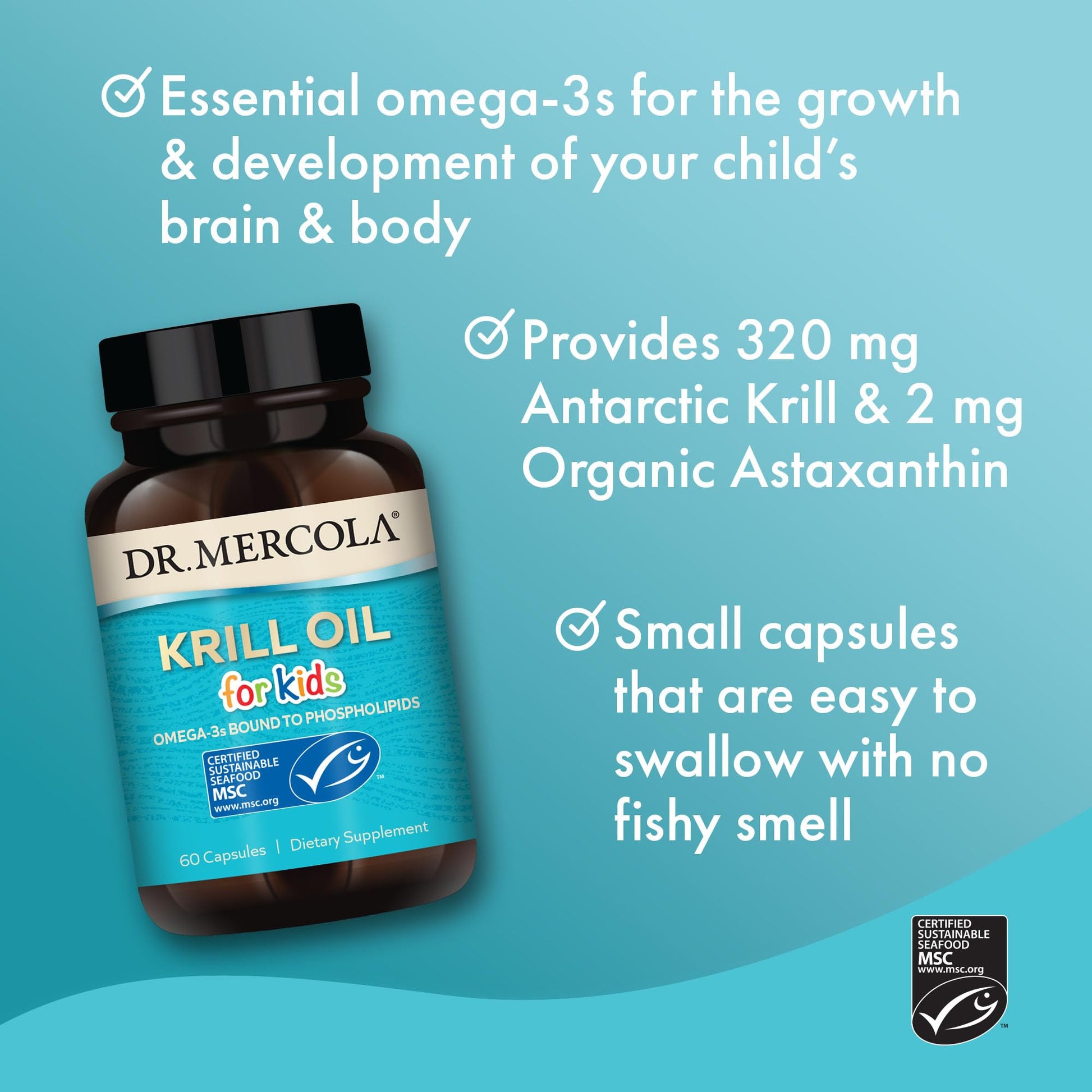 Dr. Mercola kids krill oil 320mg MSC certified packaging back view.