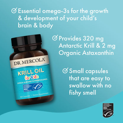 Dr. Mercola kids krill oil 320mg MSC certified packaging back view.