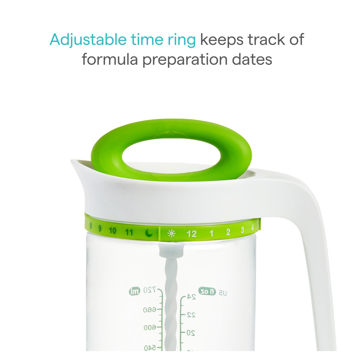 Munchkin twenty four ounce formula pitcher with green accent handle in an organized kitchen setting.