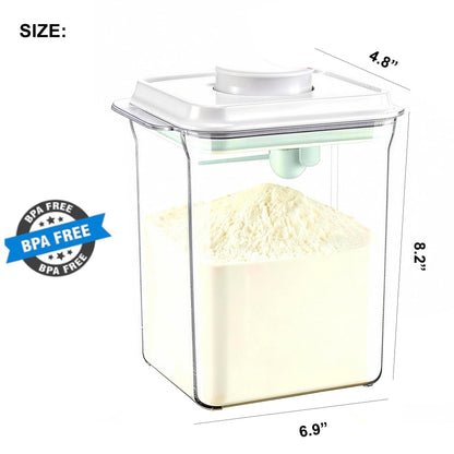 Vione Cozey Daily baby formula dispenser open lid view displaying the integrated scoop holder and formula leveling scraper.