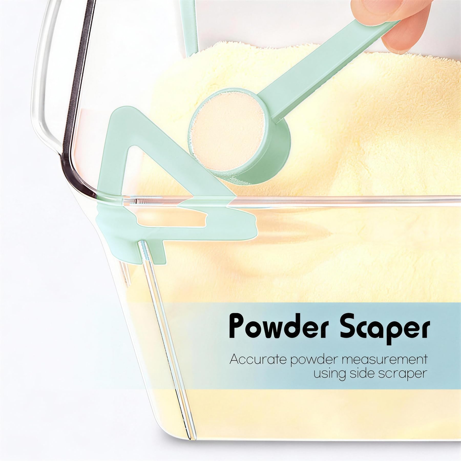 Vione Cozey Daily milk powder storage container close up of the one-handed press button mechanism on top of the lid.